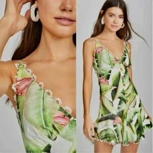 Tropical Leaf Print Dress with Lace Trim